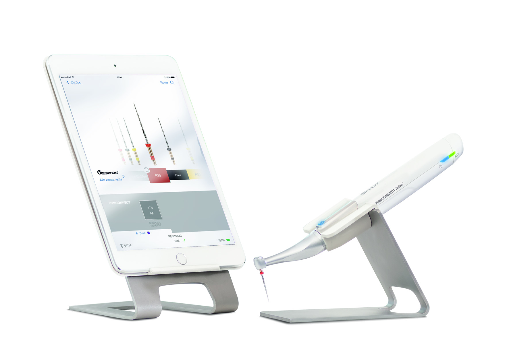 Portfolio page: VDW CONNECT Drive handpiece on holder with iPad on stand showing App